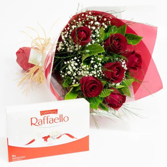 Buquê de 6 rosas vermelhas e chocolate!