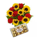 Buquê de Rosas e Girassóis com Ferrero Rocher