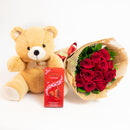 Kit 12 Rosas Importadas Vermelhas com Pelúcia e Lindt Lindor Milk