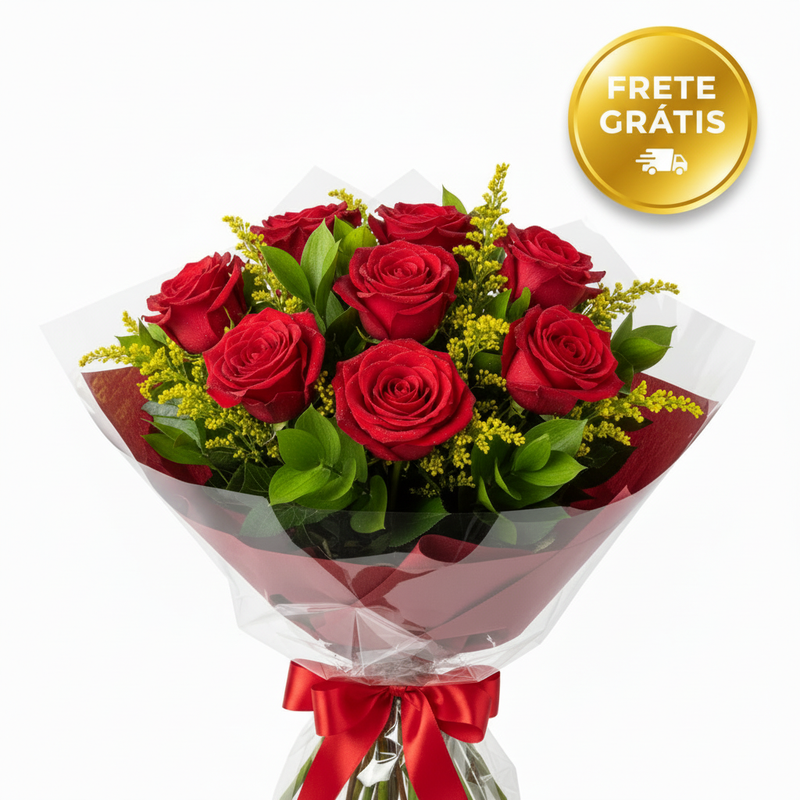 Buquê 12 Rosas - Badge Redondo Dourado