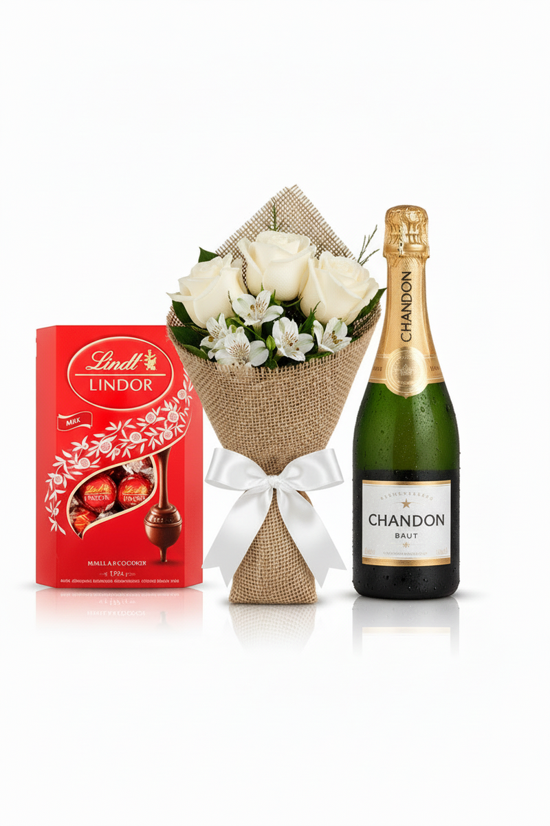 Combo Ano Novo - Buquê 3 Rosas Brancas, Chandon Baby e Lindt