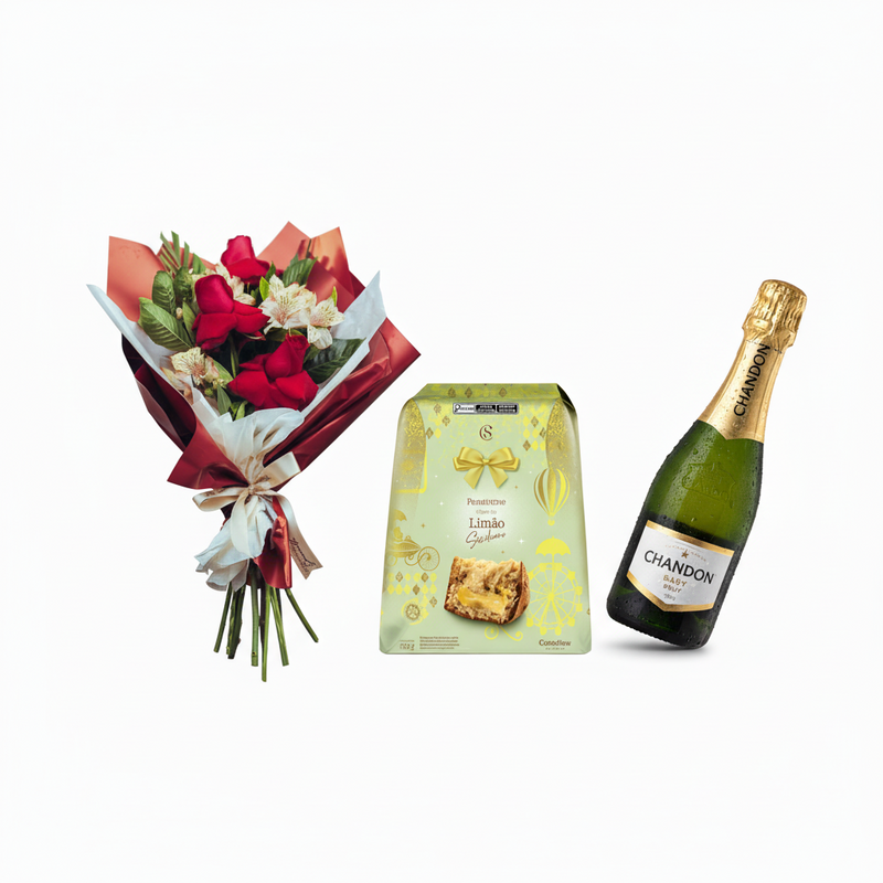 Combo Natal Completo - Chandon Baby + Panetone Limão + Buquê 3 Rosas