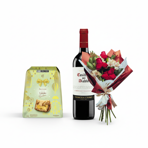 Combo Natal Premium - Panetone Limão Siciliano + Vinho Casillero Del Diablo + Buquê 3 Rosas