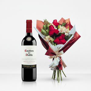 Combo Vinho Tinto Casillero Del Diablo + Buquê 3 Rosas e Astromélias