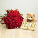 Kit 12 Rosas Importadas Vermelhas Com Ferrero Rocher e Pelúcia